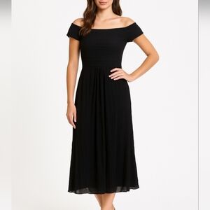 Tadashi Silk Off the Shoulder Midi Dress in Black